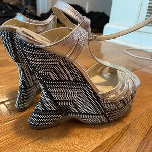 L.K. Bennett Silver Wedges with Beaded Black and White Zig Zag Pattern on Heels